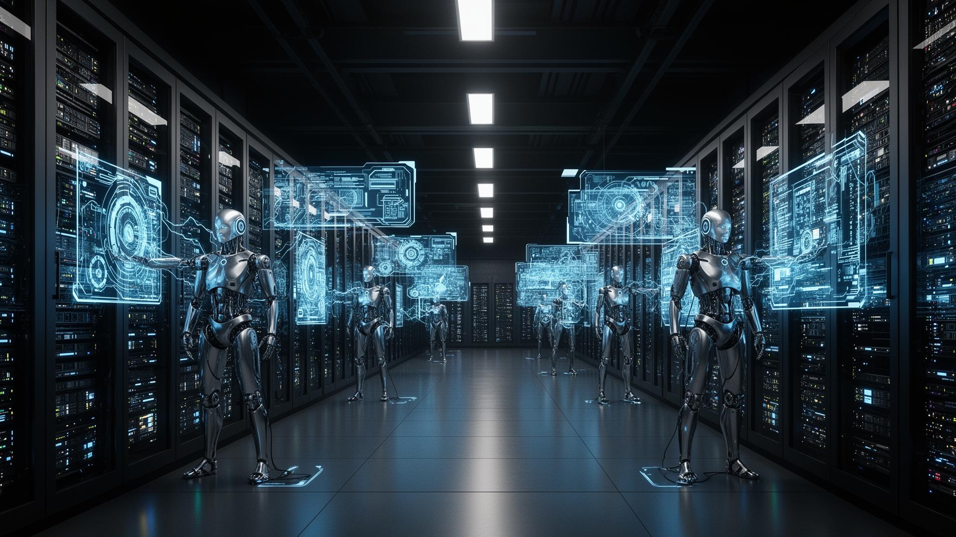 Futuristic AI data center with humanoid robots maintaining server infrastructure under holographic interfaces