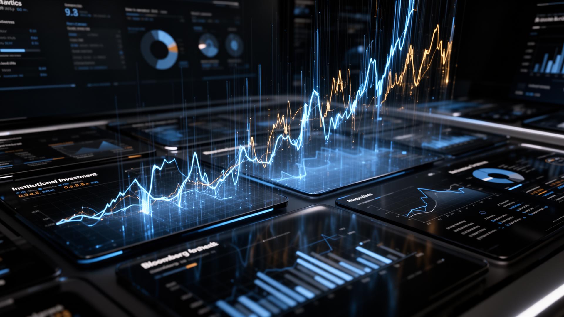 Futuristic institutional investment dashboard with floating holographic charts and AI analytics