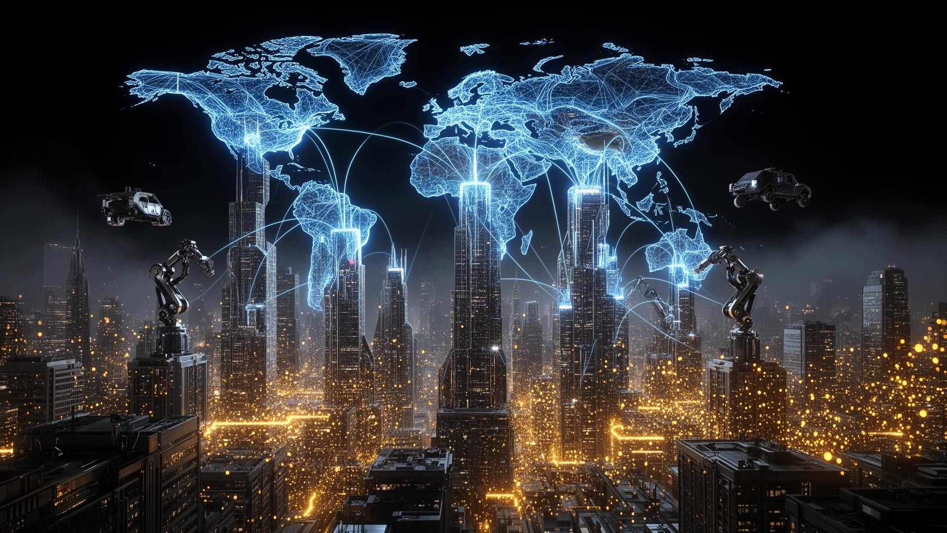 Futuristic AI-powered global city skyline with a holographic neural network connecting cities and digital wealth flows