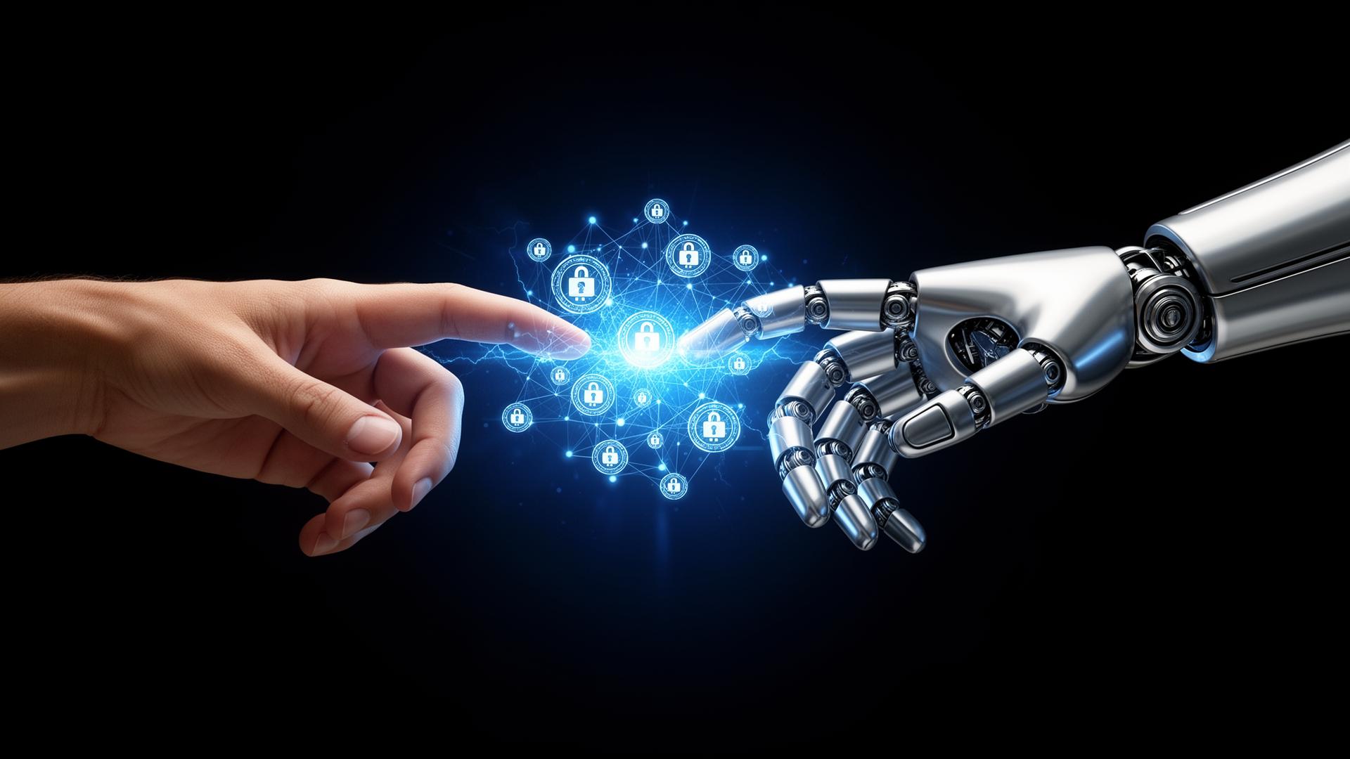 Human hand and robotic hand meeting through a glowing decentralized digital ownership network