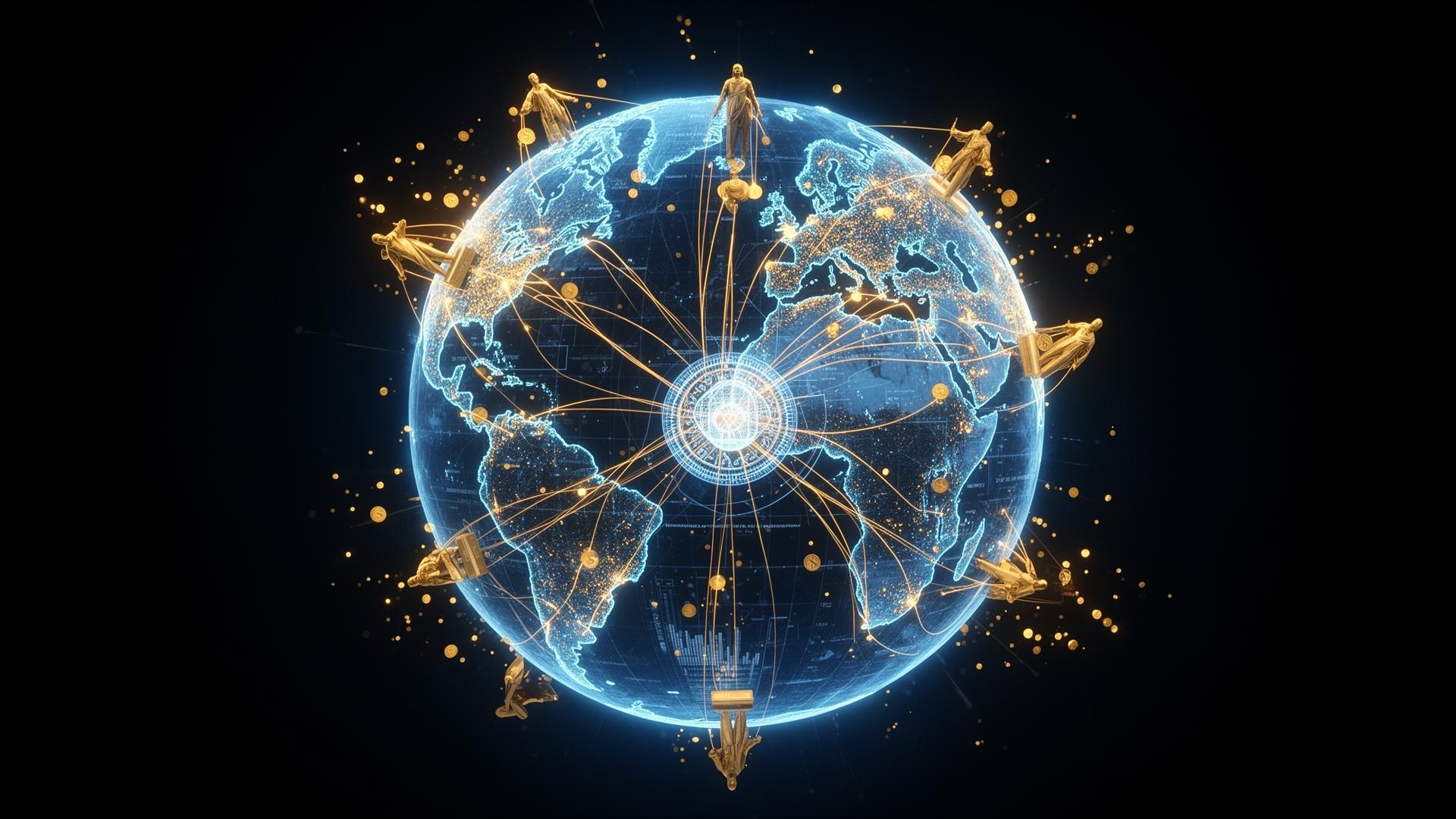 Holographic globe showing a global investment network with citizens connected to a central AI financial system